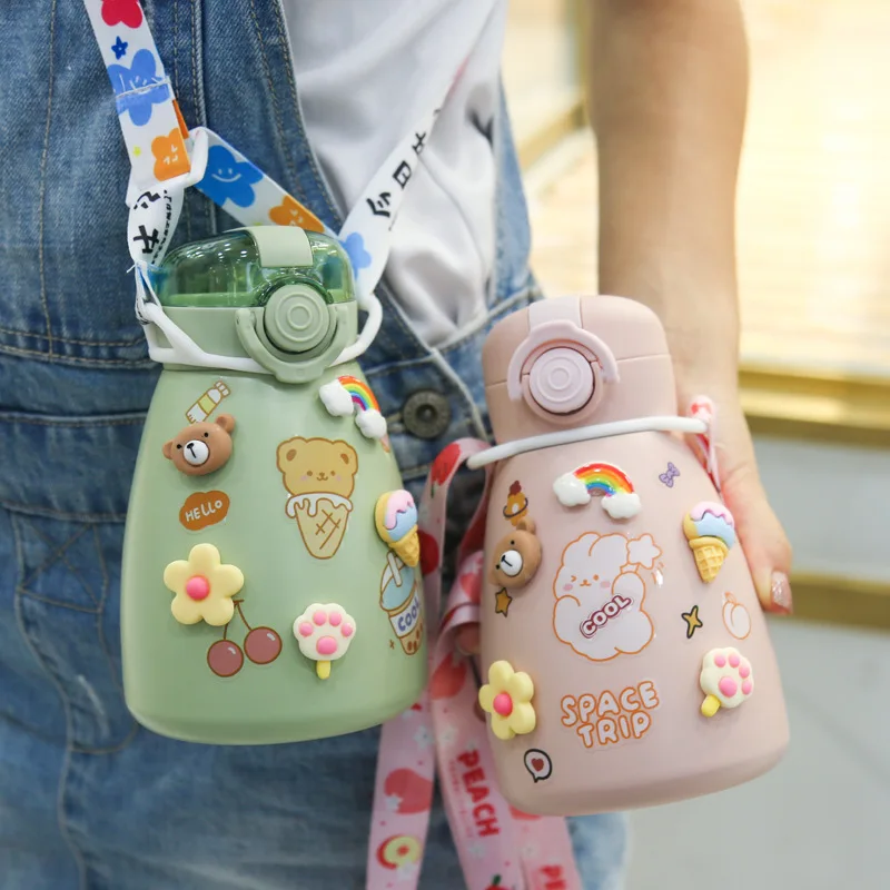 2021 Ins Stock Custom Large Capacity Drinking double wall Stainless Steel Kids Thermos Vacuum Flasks with Straw