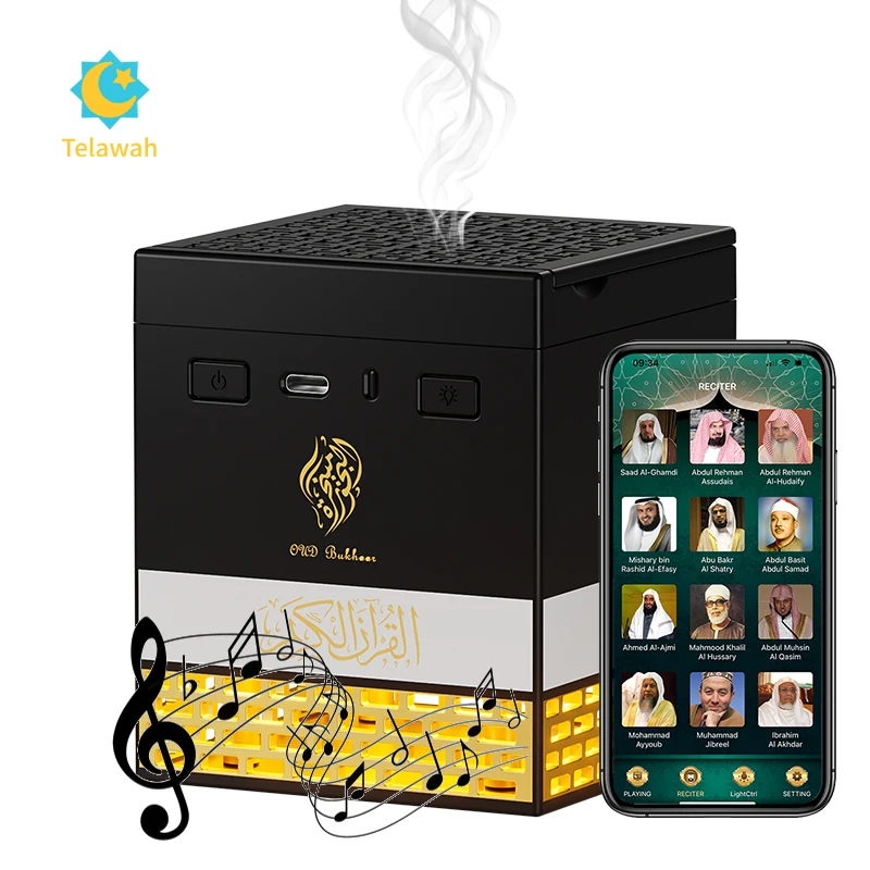 Wholesale Muslim Design LED Night Lamp Kabba Azan Clock Quran Speaker Islamic Portable Quran Player with Incense Burner