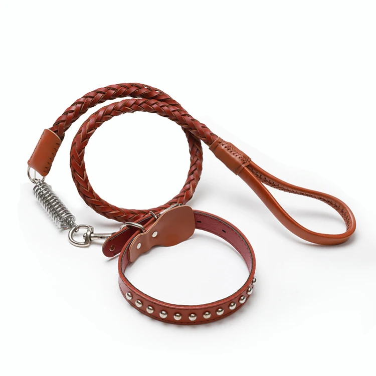 Customized Logo New Designer Metal Silver Heavy Duty Bungee Pet Leads Elastic Braided Leather Spiked Large Dog Leash Collar