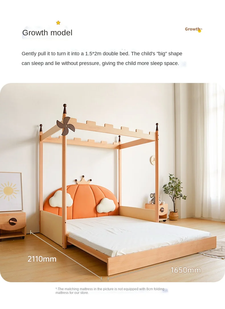 Pumpkin castle bed retractable bed solid wood children's bed girl boy pull broaching bed_17