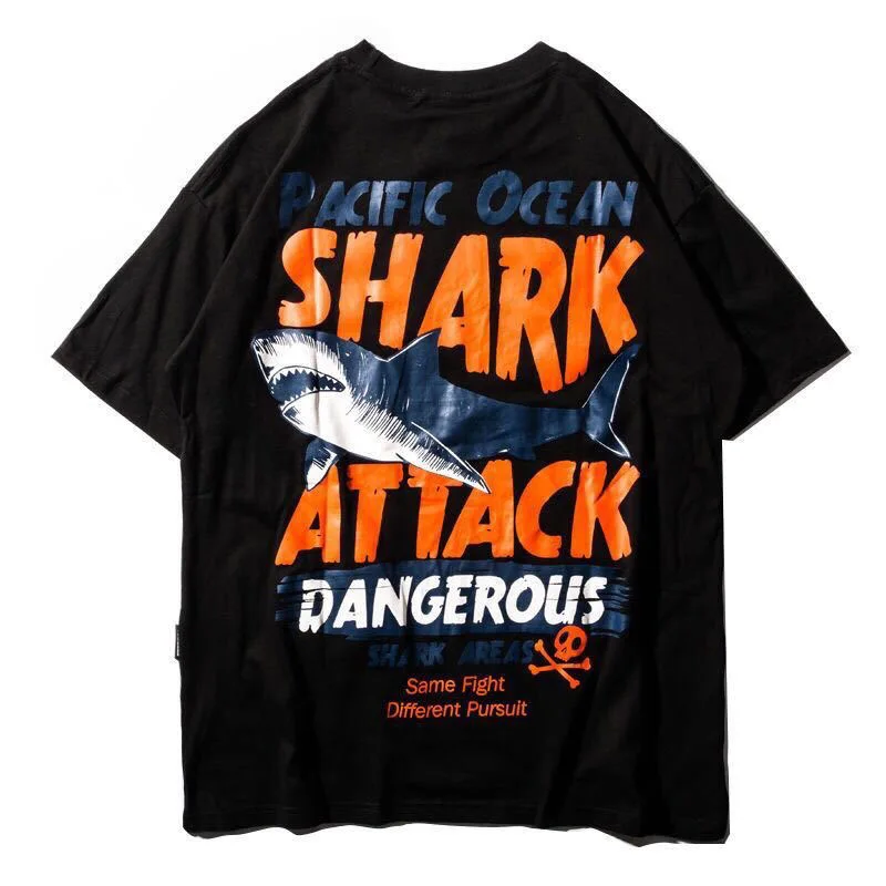High Quality Custom Print Shark Streetwear Casual White Streetwear T Shirt Men Hip Hop 100% Cotton Summer T-shirt