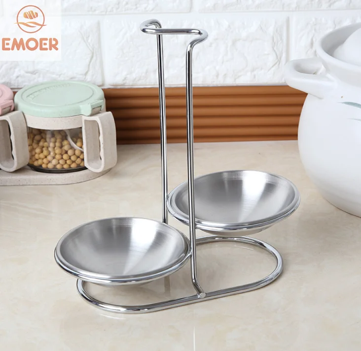 Opposite Side Double Round Silver stainless steel Bowls Spoon Rest Holder