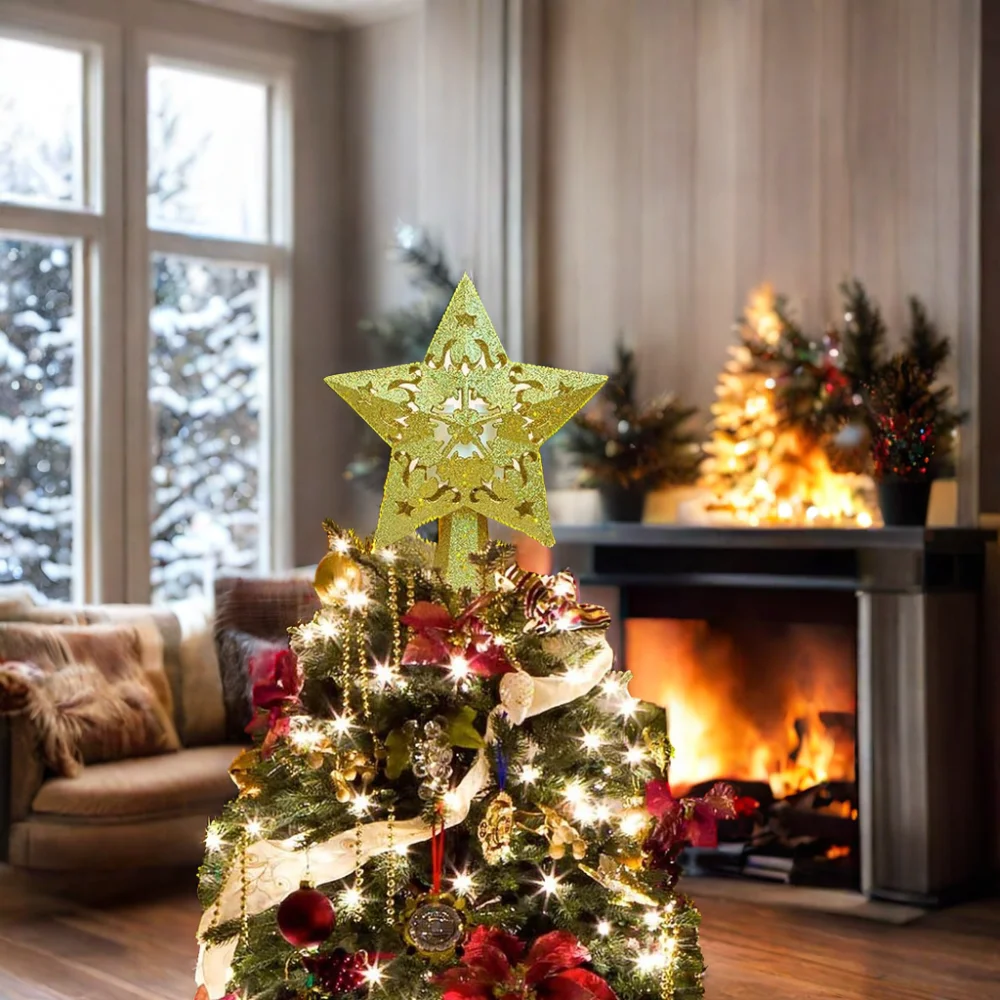 Christmas Tree Topper Lighted Star Tree Toppers with LED Rotating Snowflake Projector Lights 3D Hollow Silver Star Snow Tree Top