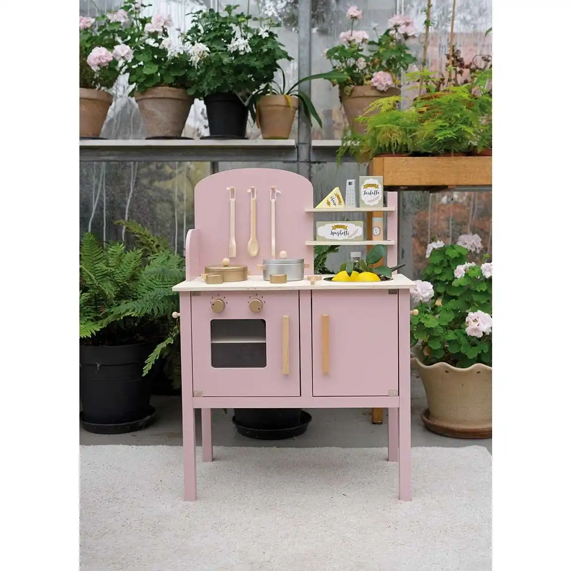 BSCI FSC Classic World 2022 New Kids Role Play Wooden Toys Vintage Kitchen with Cookware Accessories Play Set for Toddlers