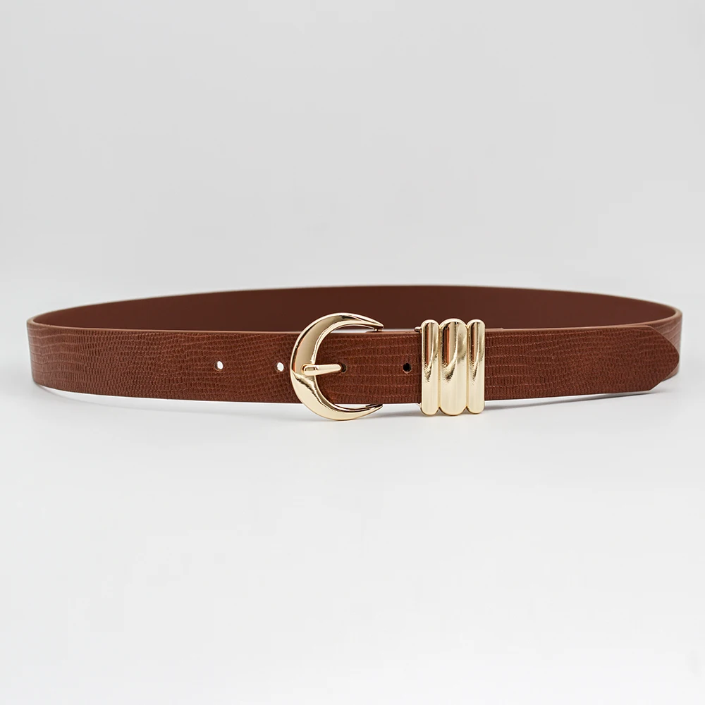with Durable Copper Buckle Lizard Faux Leather Triple Loop Belt for women