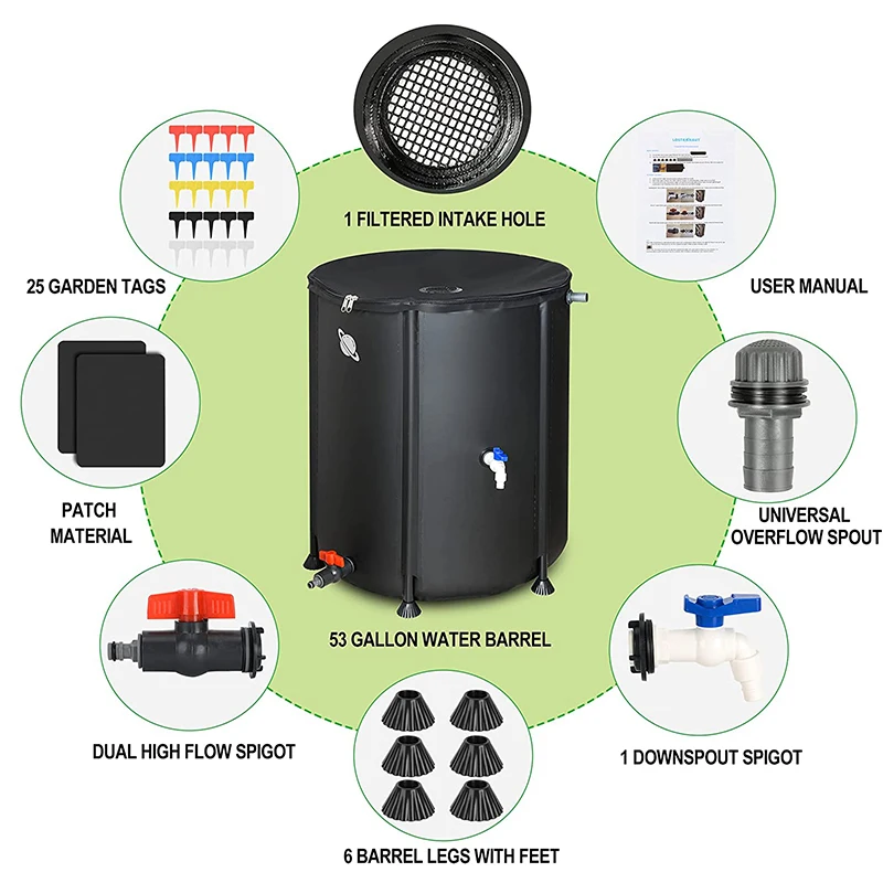 53 gallon Foldable Plastic Hot Camping Rain water storage barrel with strainer