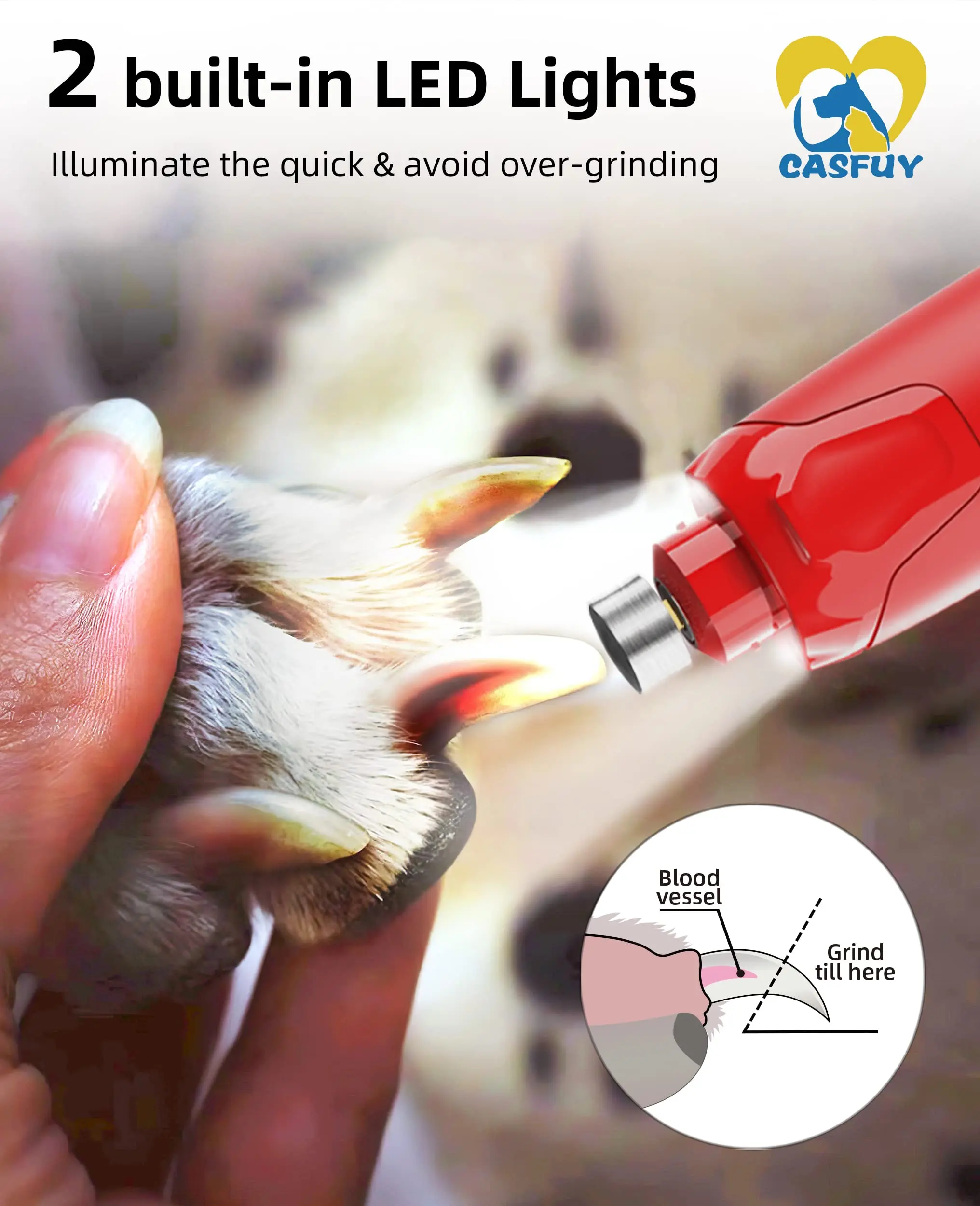 Custom Dog Nail Grinder Quiet - (45db) 6-Speed Pet Nail Grinder with 2 LED Lights for Large Medium Small Puppy Dogs Cats