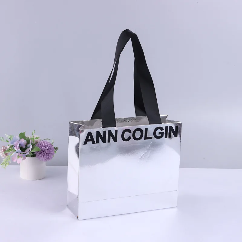 Customized Fashion Mirror Silver Handle Paper Bag Advertising White Cardboard Shopping Gift Paper Tote Bag