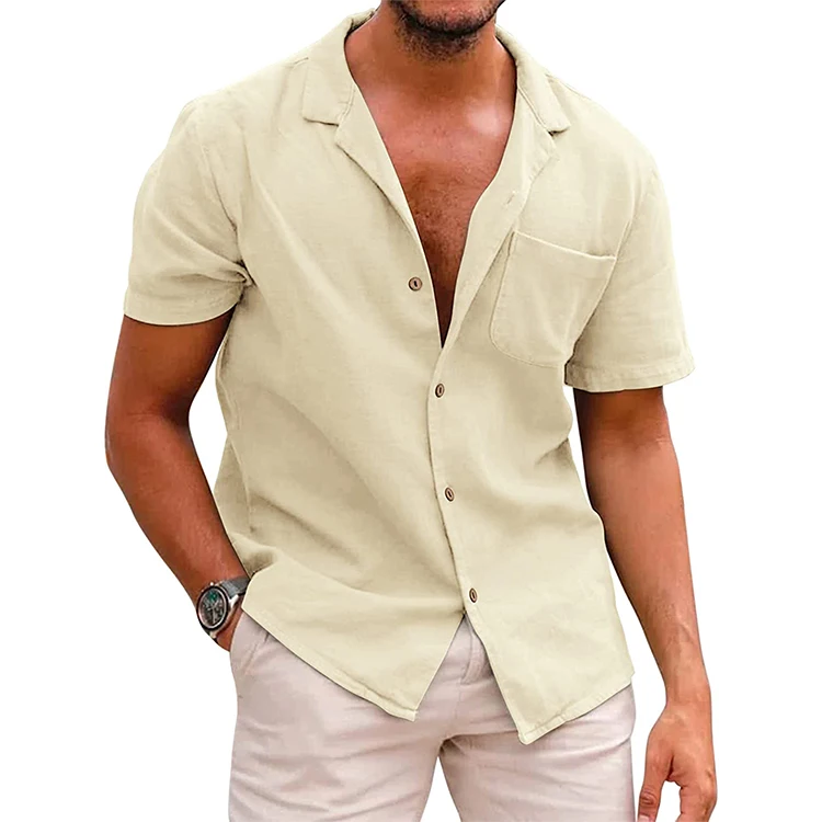 Mens Hawaiian Short Sleeve Shirts Custom Logo Cotton Linen Button Down Tropical Holiday Beach Shirts For Men