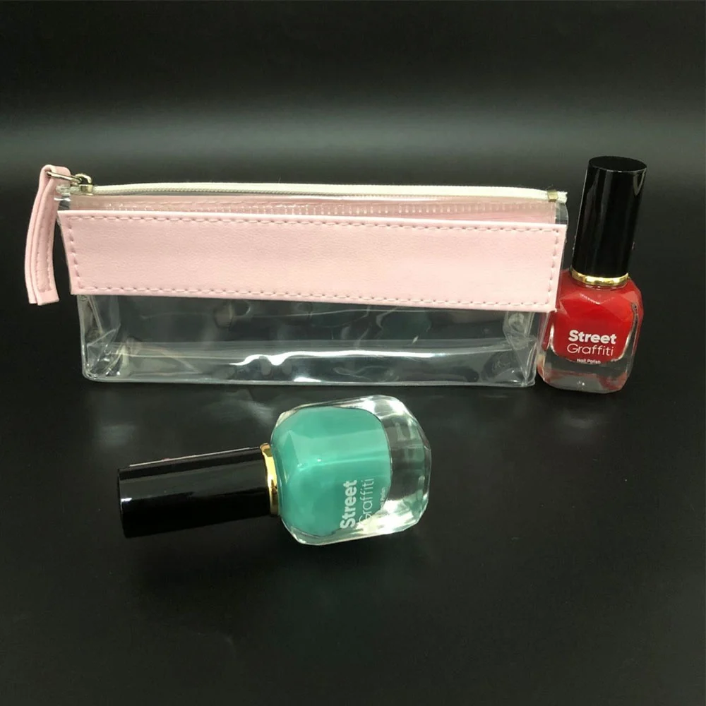 Pink PU nail polish jewelry collection bag clear PVC zipper pocket compact portable storage zipper bag