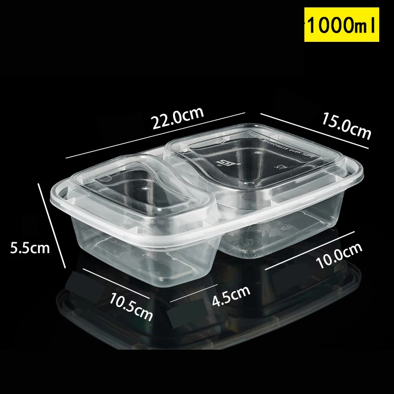 2 compartment transparent storage takeaway food microwavable container disposable plastic bowl with lid