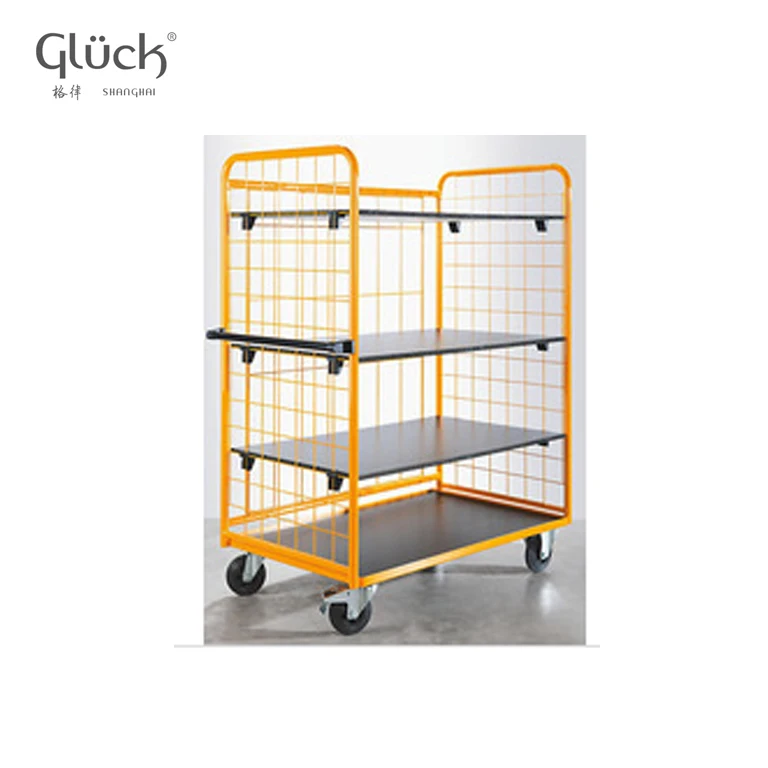 Mesh Trolley With MDF Stage  Metal  Industrial Transport Heavy Capacity Four Wheel Storage Trolley Carts Platform