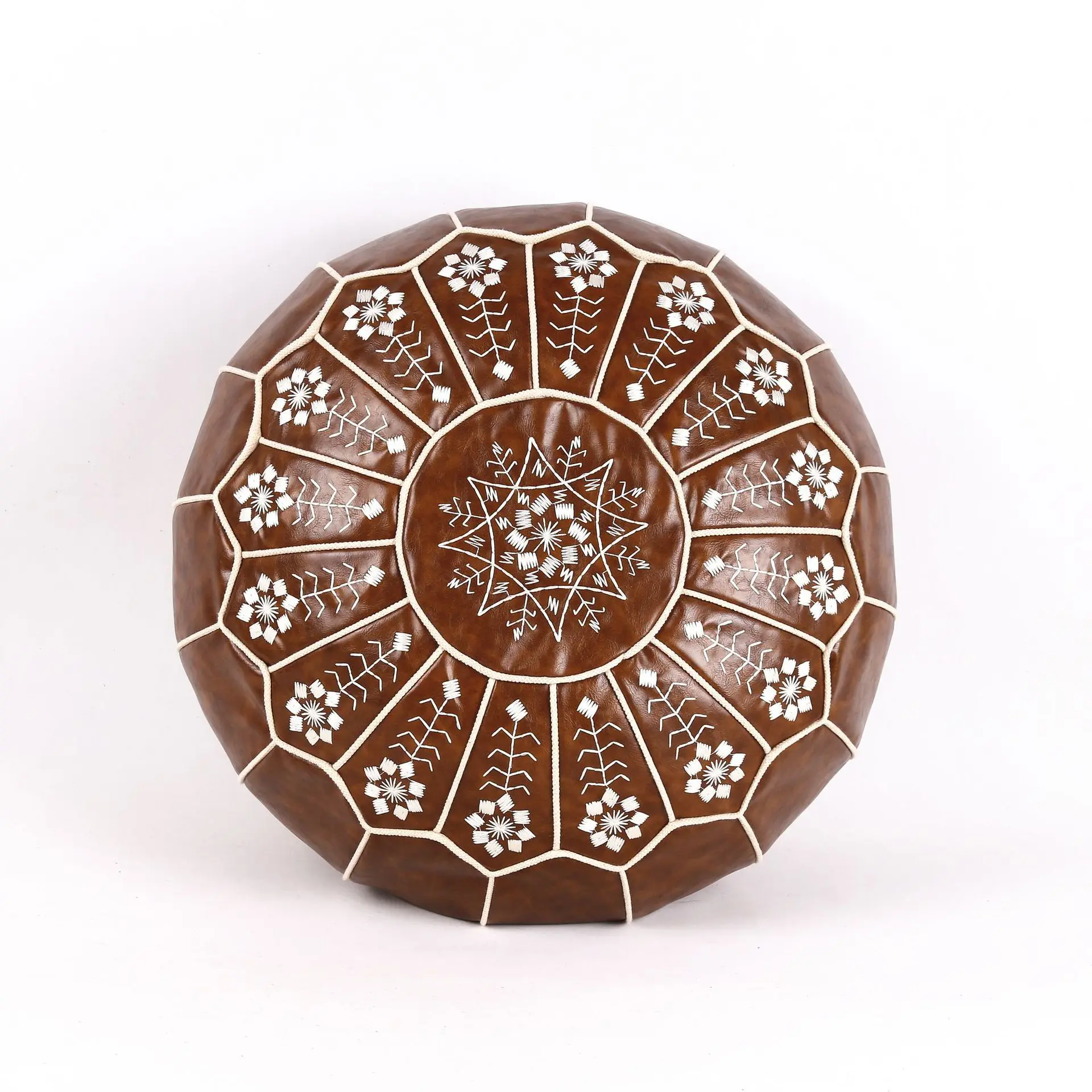 Wholesale stunning modern Moroccan leather  Embroidery  round floor cushion sofa footstool ottoman pouf