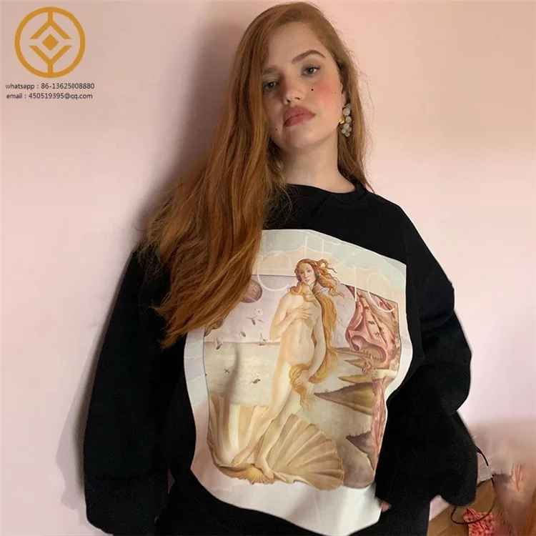 H0130D  Women Tops Summer 2023round collar hipster loose Venus oil painting style hoodie