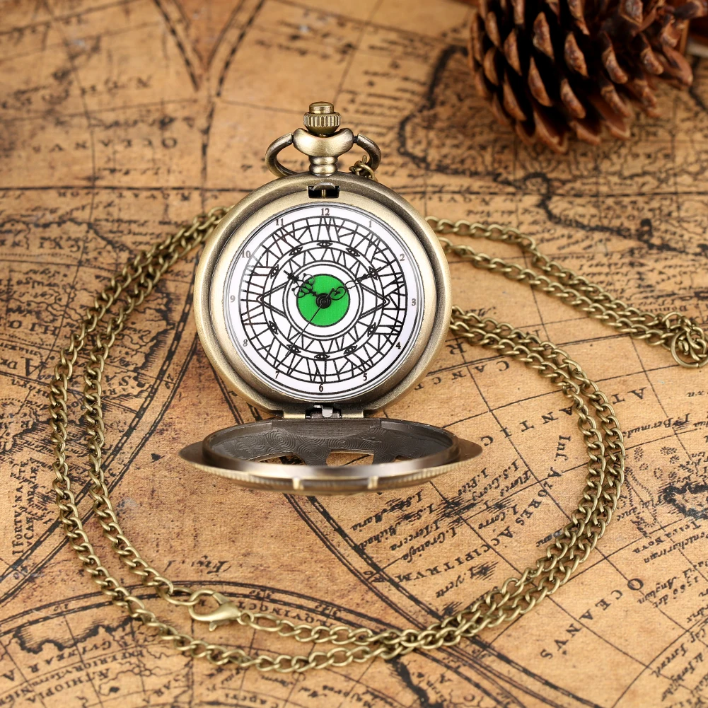 Antique Bronze Necklace Pendant  Green Eye Steampunk Quartz Pocket Watch With Chain For Men Gift Collectibles