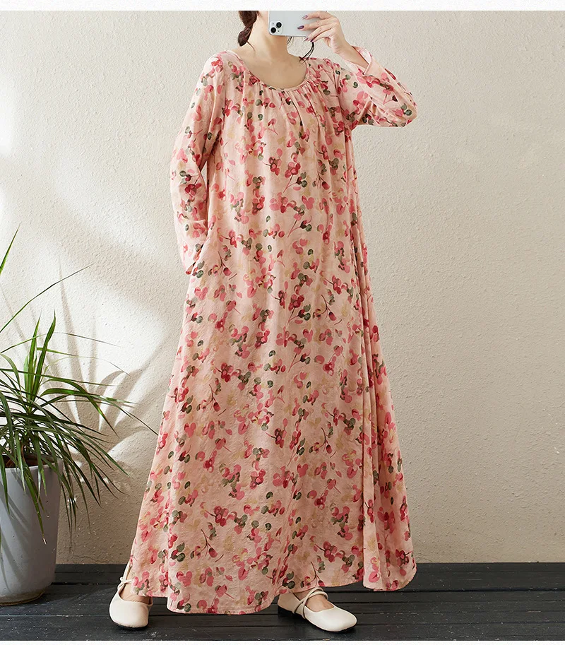 Autumn new round neck draw pleated slack lazy skirt minimalist long-sleeved holiday style casual loose dress