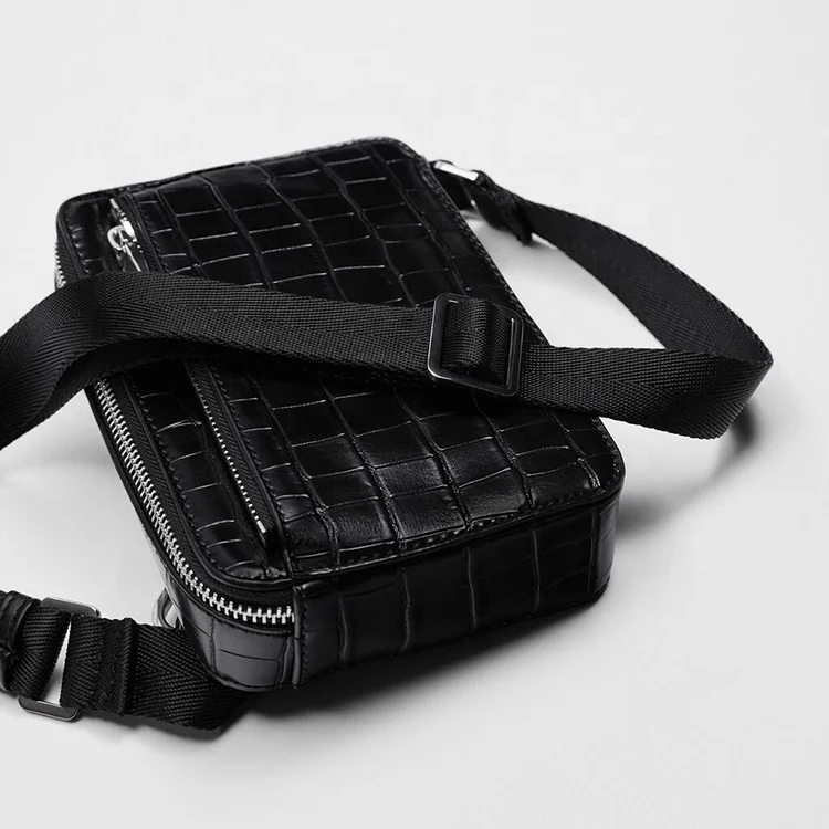 Custom Logo Crocodile Leather Black Croc Mens Crossbody Purse Fashion Shoulder Messenger Bag For Men