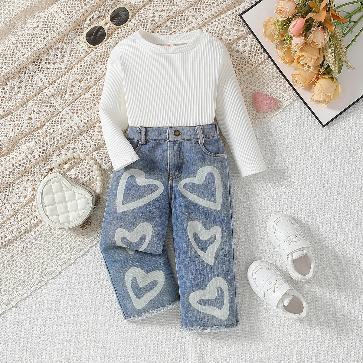 Hot sale  Kids Baby Girl Clothes  Outfits Casual Solid Color Long Sleeve Pullover Heart Denim Long Pants  Children Autumn Sets