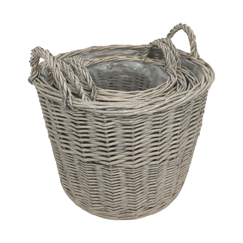 Grey & Buff Rattan Round Wicker Log Basket