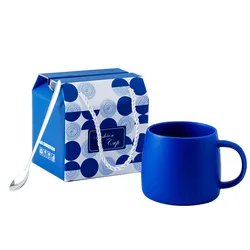 500ml Blue Ceramic Coffee Mug with Spoon, Matt Porcelain Water Breakfast Milk Cup Gift Box Set Giveaway Wholesale 2022