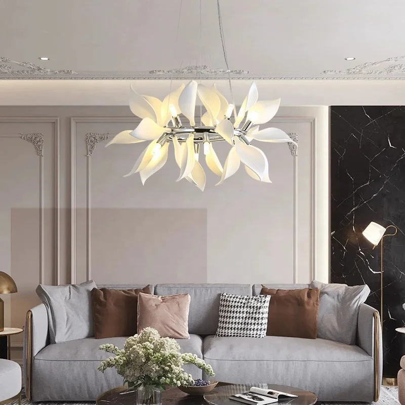 Italian designer living room lamp Nordic bedroom villa model room simple dining room art white ceramic petal chandelier