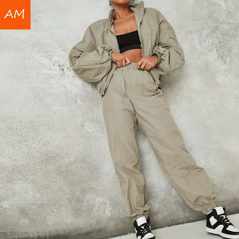 Custom Logo High Quality Women Oversized Zip Up Long Sleeve Adjustable Hoodie Outdoors 2 Pieces Tracksuit