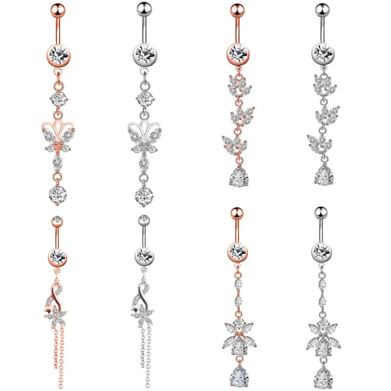 Ruigang 2022  Hot Sale Clear Crystal Medical Steel Navel Ring Piercing Zircon Butterfly Belly Button Rings Dangle