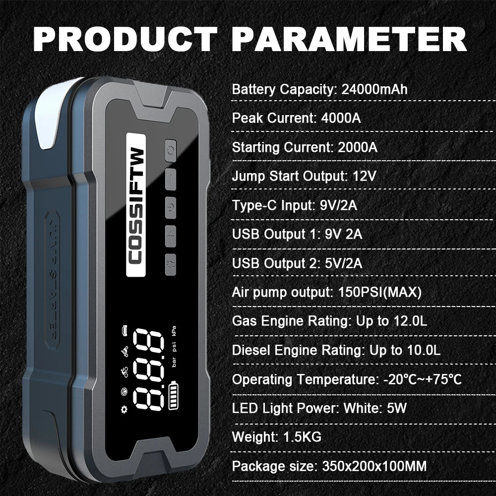 Factory Wholesale 12v Super Capacitor 150PSI High Power Booster Tire Inflator Air Pump Car Jump Starter With Air Compressor