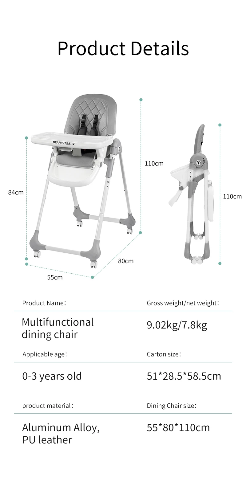 PU Cushion Foldable Baby Dining Chair With Wheels Movable Baby High Chairs Durable Kids Feeding Chair