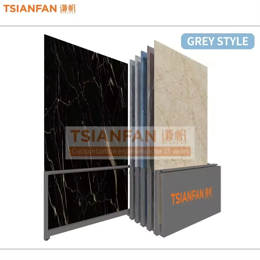 New style stone pattern plate floor cardboard pegboard tile display stand multi format sliding orbital marble tile display rack