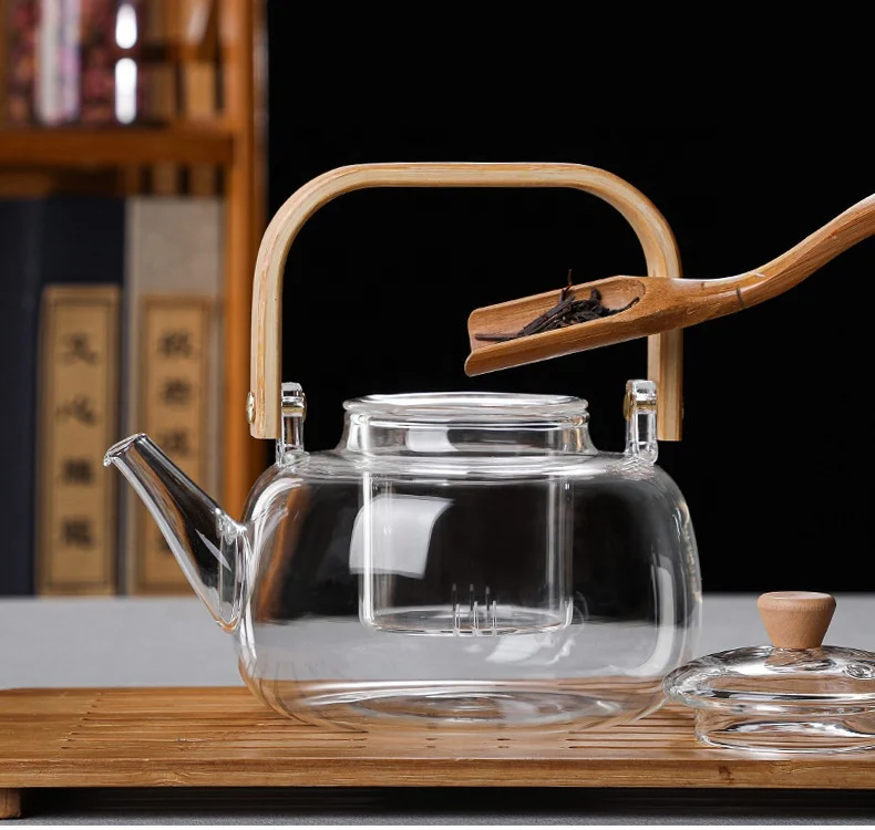Wholesale Bamboo wood handle Borosilicate Glass Teapot  tea kettle pot boiling teapot heat-resistant