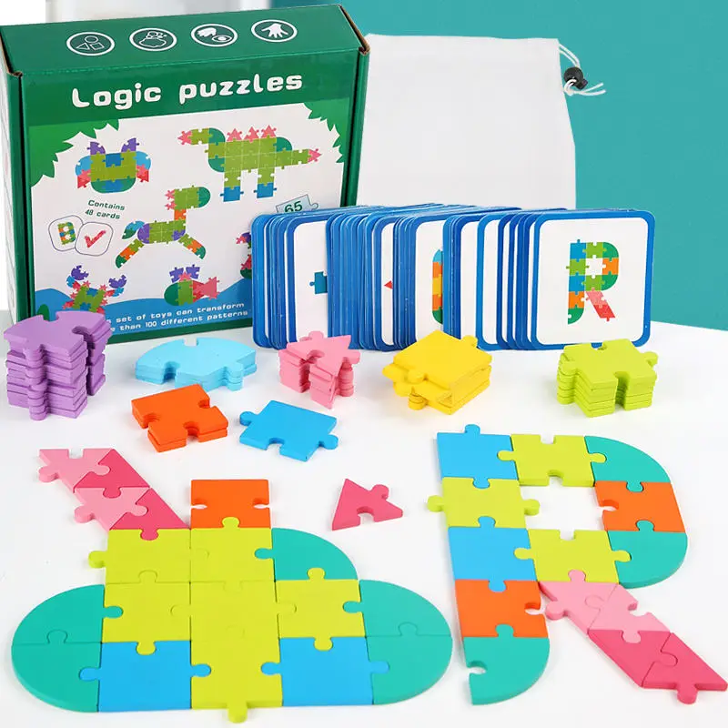 Wooden Pattern Blocks Shape Matching Game Diy Jigsaw Puzzle 3d Wooden Animal Puzzle With Cards Educational Toys For Children