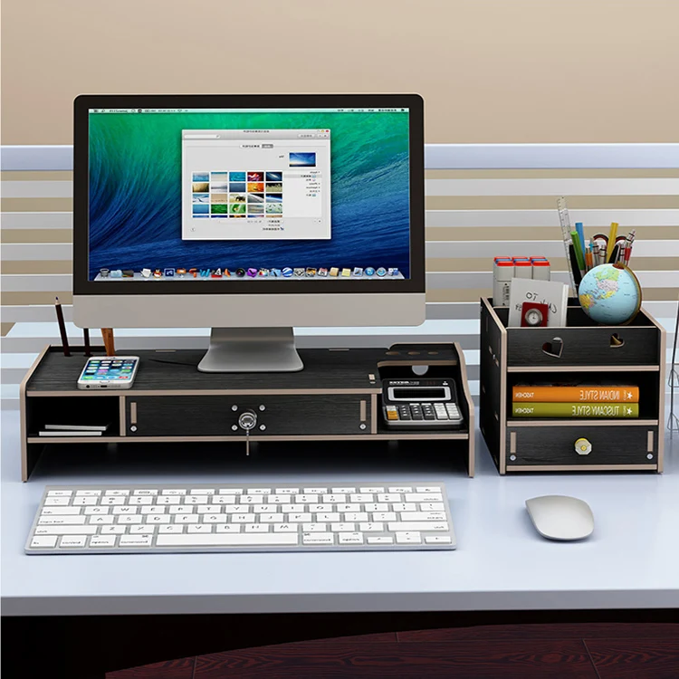 Wooden Monitor Stand Computer Riser with Storage Organizer Drawers,  4-Tier Storage compartment Pen Holder