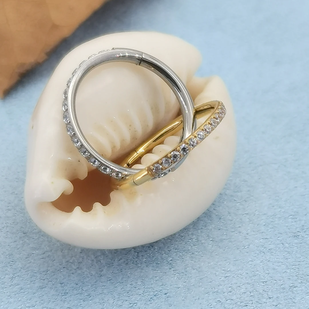 ASTM F136 Titanium Mirror Polish Zircon Hinged Nose Ring Clicker for Cartilage Helix Tragus Conch Piercing