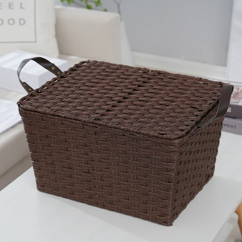 Car basket imitation Rattan woven storage basket dustproof with cover picnic fruit basket kitchen storage box in stock wholesale
