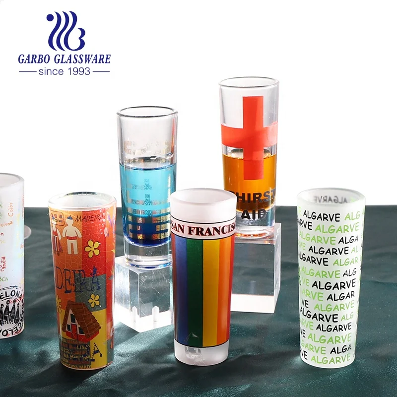 Stock 2.5oz Hot-selling Wholesale DIY-design Jigger Tequila Vodka Shot Glass with Custom Decals Cheap Price Stocked Shot Glass