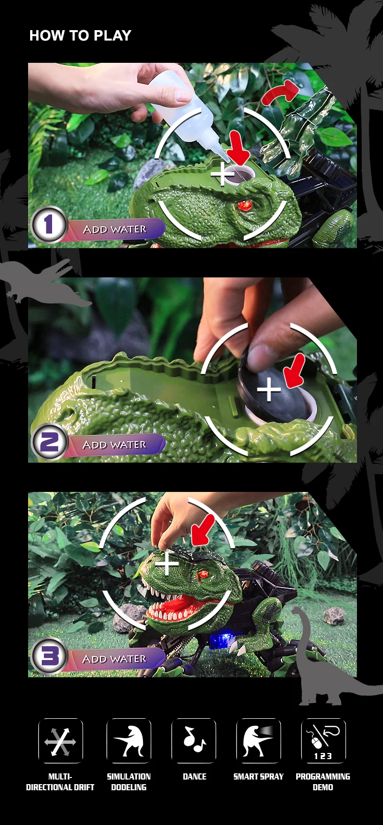 1:16 2.4 Ghz Remote Control Spray Electric Dinosaur Monster Truck 360 Degree Spins Stunt Car Toys Drift Outdoor for Kids