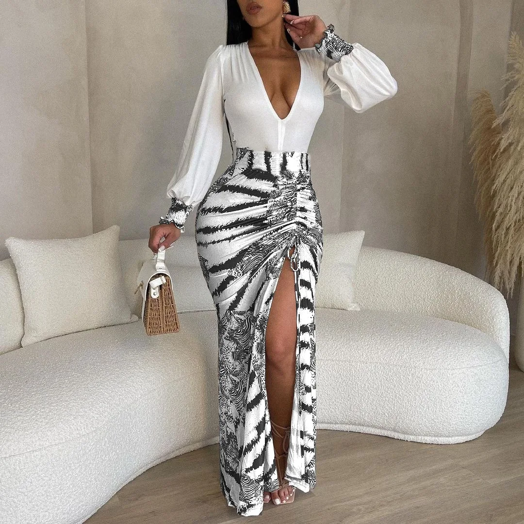 Summer New Style Print Contrast Color Pleated Long Skirt With Sexy High Split