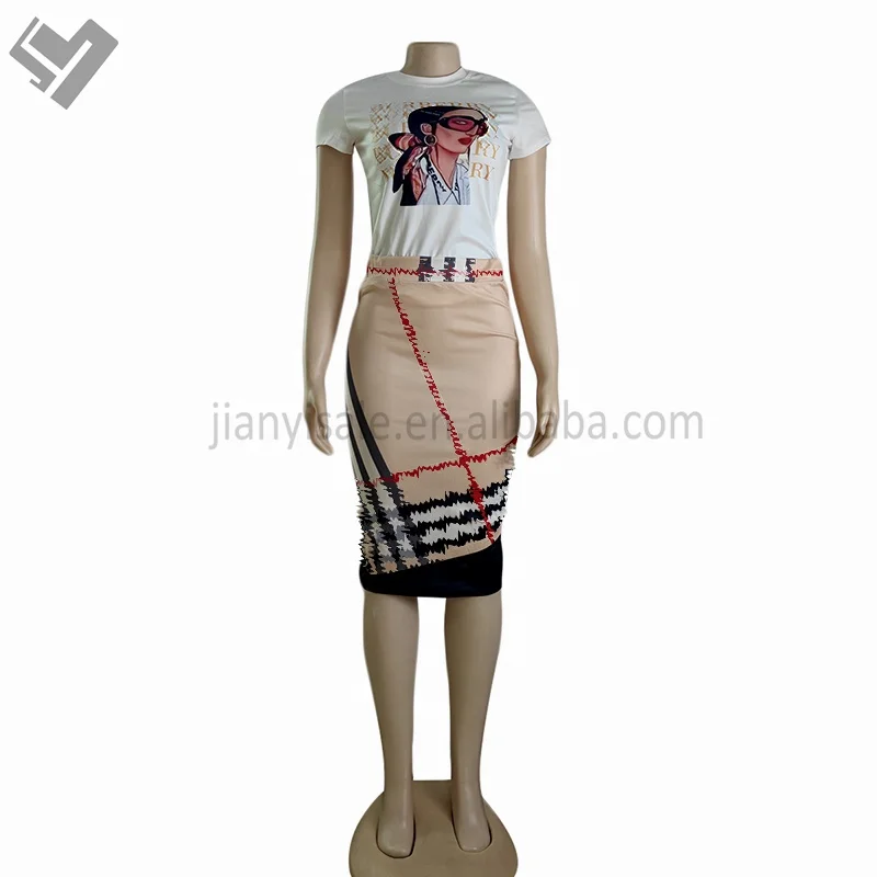 2023 New Arrival Famous Brand Women Summer 2 Piece Set Luxury Clothing Designer Print Short Sleeve T Shirt Midi Skirt Set