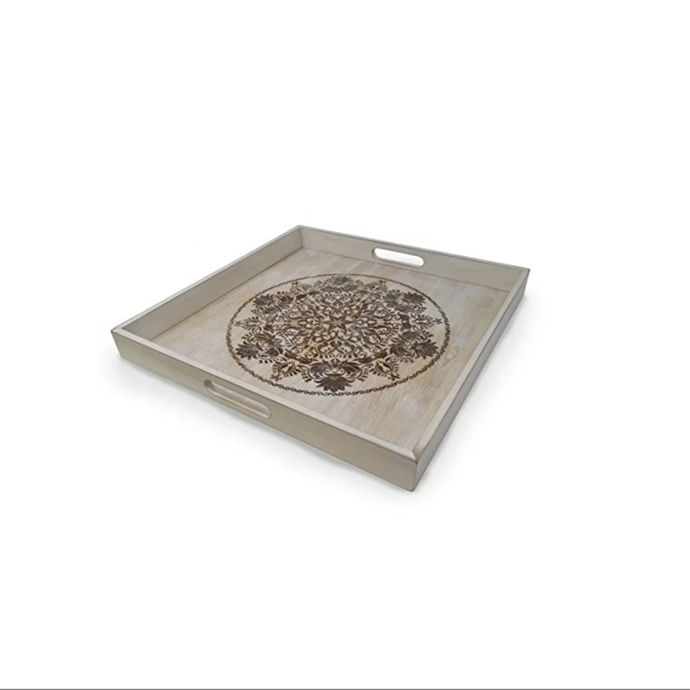 Decorative Wooden Serving Tray With Engraved Art For Carrying Drinks Letters Mail coffee tables side tables square wooden tray