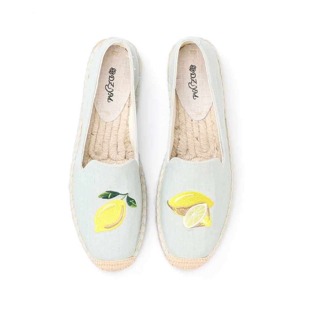 Slip-on well breathable lemon embroidery ladies shoes canvas espadrilles shoes