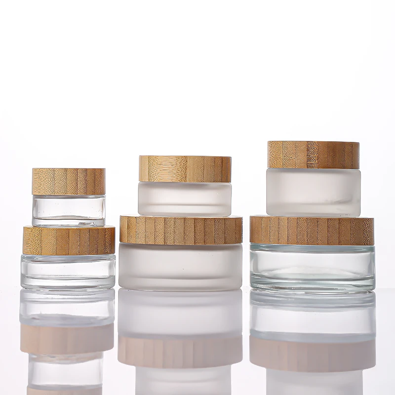 High Quality 5g 15g 30g 50g 100g Frosted Transparent Body Cosmetic Bottle Jars Set Cosmetic Container Glass Cream Jar With Bambo