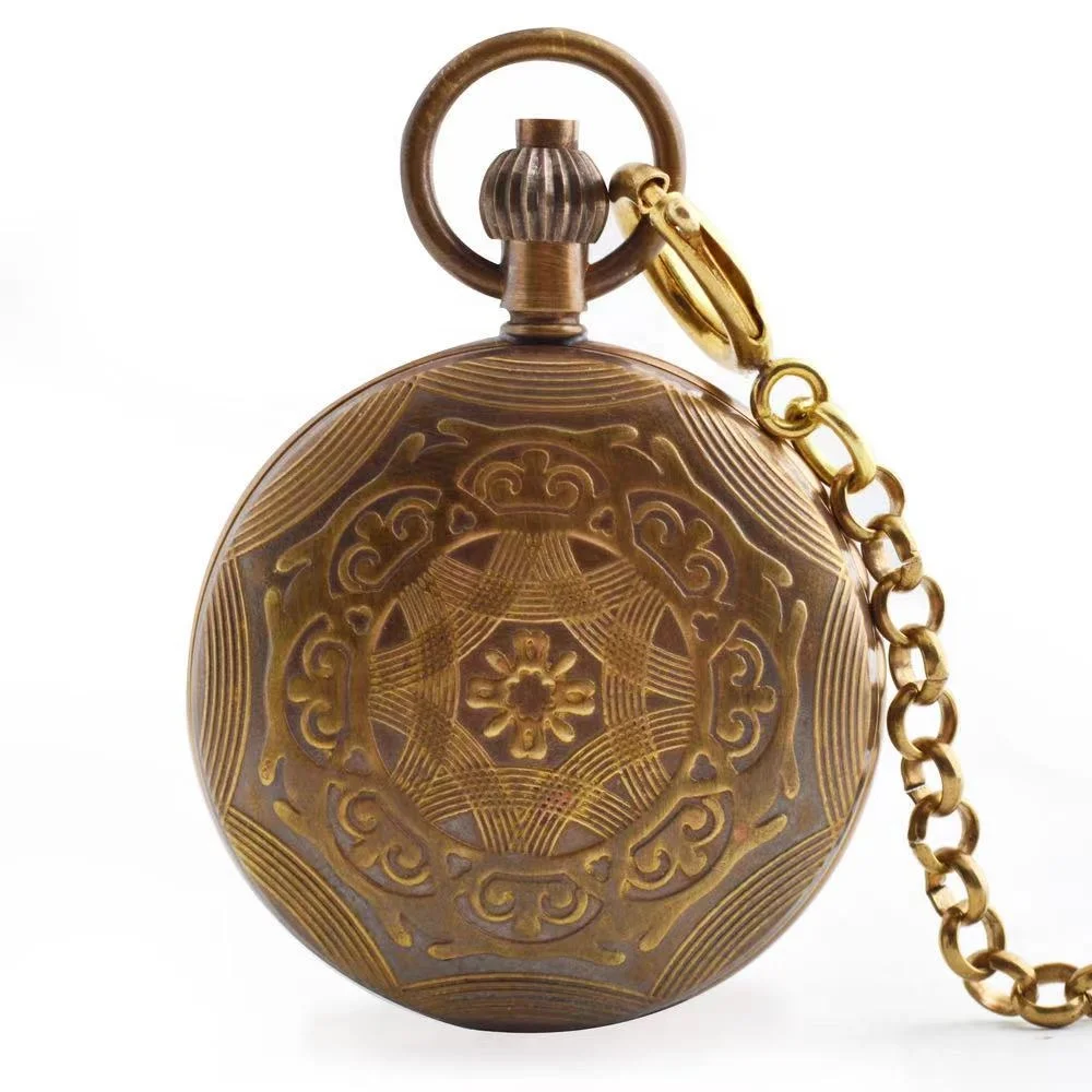Lower MOQ Custom Engrave Flower Flora Mechanical Pocket Watch Case Bronze Pocket Watch