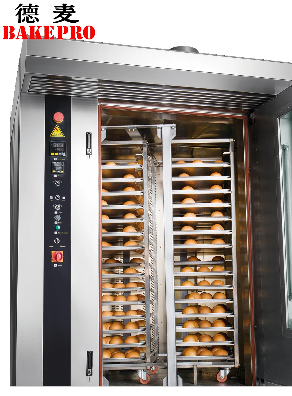 BAKEPRO 12 trays Diesel rotary oven baguette baking machine with steam for bakery gas rotary rack oven with single trolley