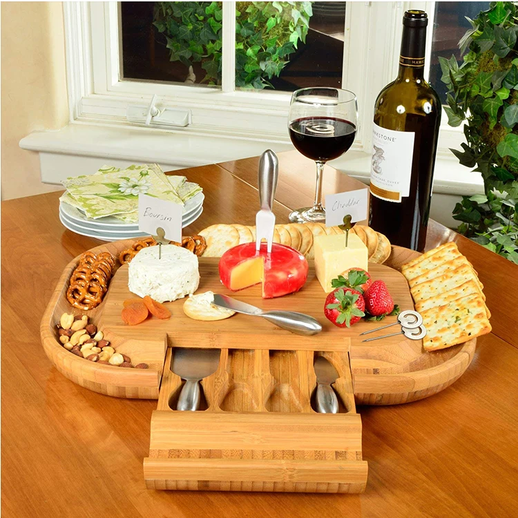 Natural bamboo cheese cutting board and knife set storage organizer drawer Cheese board kitchenware