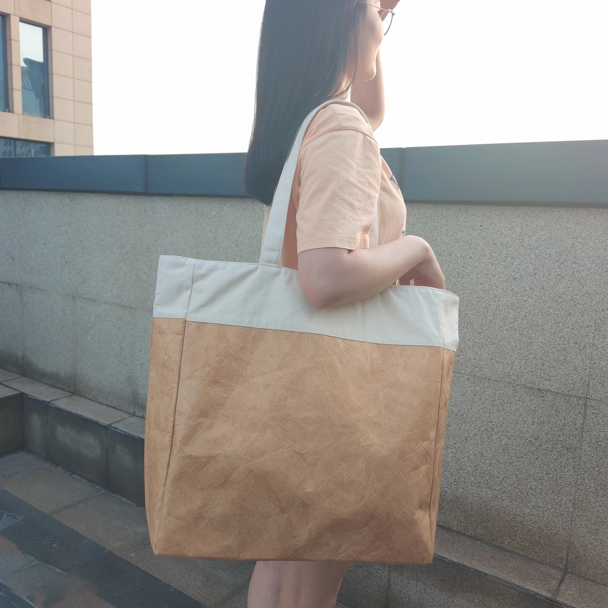 Custom Logo Waterproof Tyvek Tote Shopping Bag Combined With Cotton Canvas Handles High Quality Washable Paper Tyvek Bag