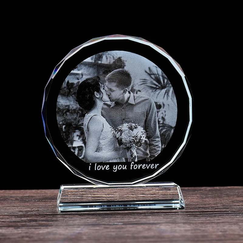 Personalized Round Crystal Photo Frame 2D Laser Engraved Glass Pictures Gifts for Wedding Anniversary Birthday