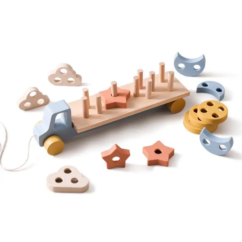 Baby Holding Wooden Trolley Rope Sliding Baby Crawling Shape Cognitive Puzzle Toy Pieced Baby Cognitive Wooden Trailer