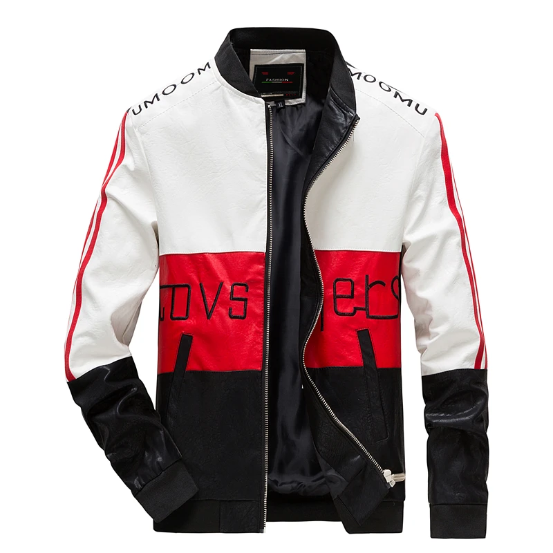 high quality custom autumn spring embroider contrast color letterman spike moto biker leather letterman jacket men