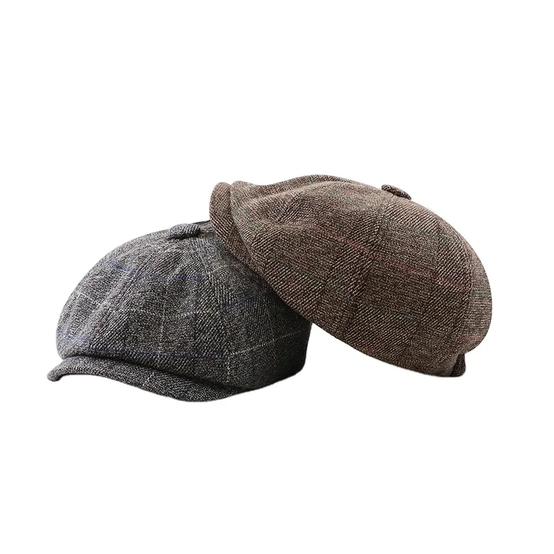Custom Wholesale Mens Peaky Blinders Herringbone Plaid Hat Ivy Newsboy Cap with Logo Irish Tweed Baker Boy Beret Hat Adjustable